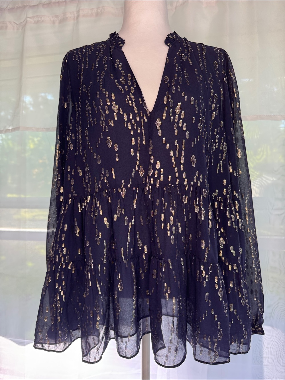 Lilly Pulitzer Gold Metallic and Navy Sheer Peasant Blouse - Women Tops